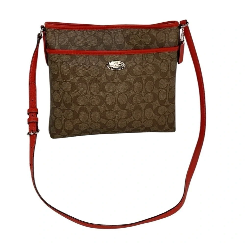 COACH Purse Shoulder Bag Crossbody Brown Red Coated Canvas Monogram Signature